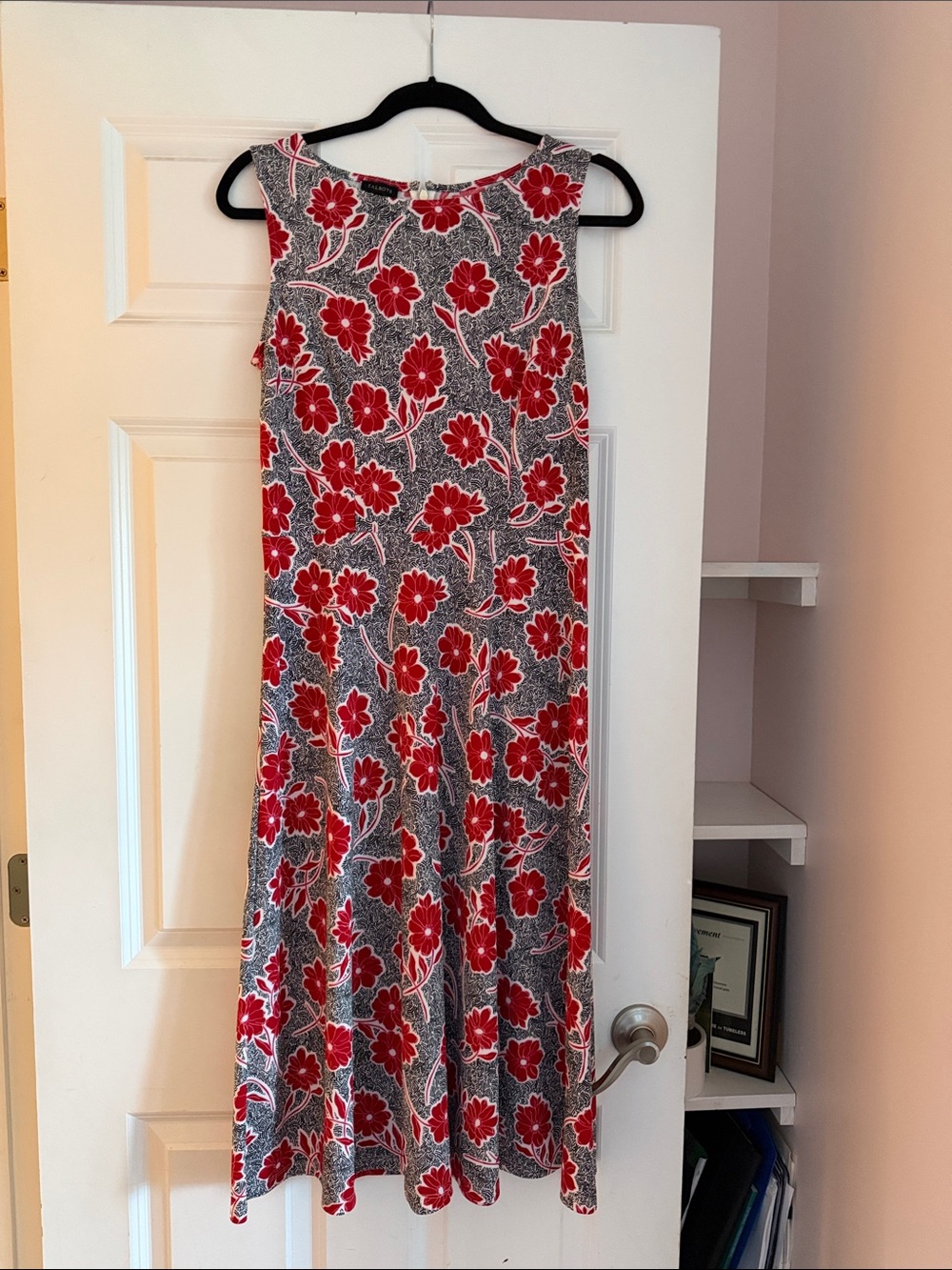 Talbots Red Floral Midi Dress on Gray Ground - Picture 2 of 5